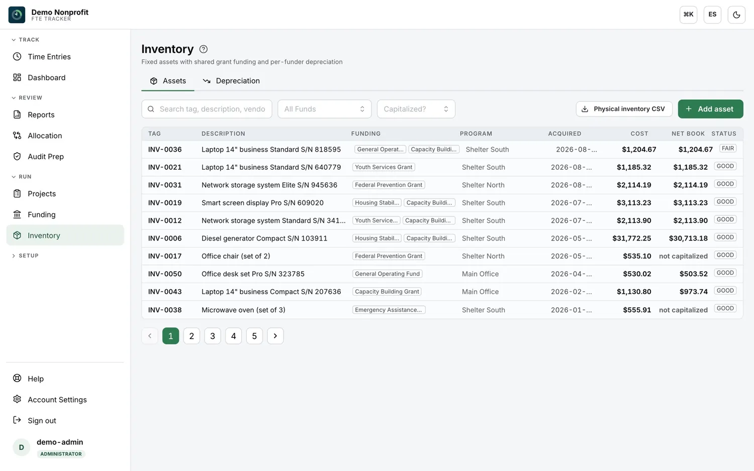Pantalla de inventario de FTE Tracker: registro de activos fijos con etiqueta, descripción, fuentes de financiamiento, programa, fecha de adquisición, costo, valor en libros y condición.