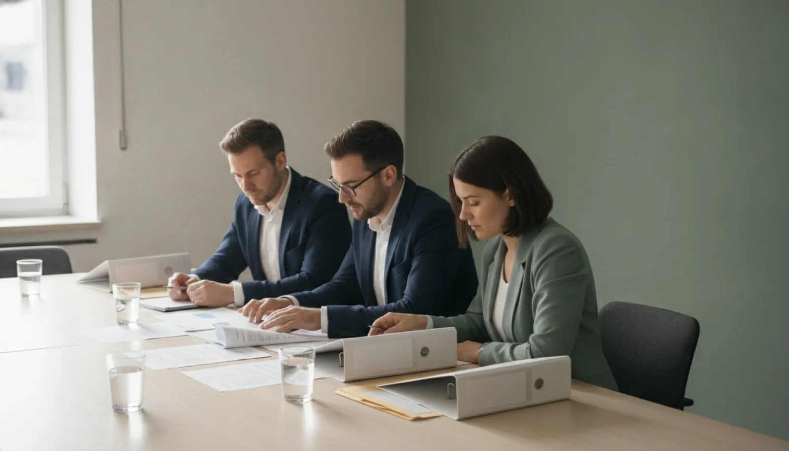 Three professionals reviewing federal award documentation across a meeting-room table.