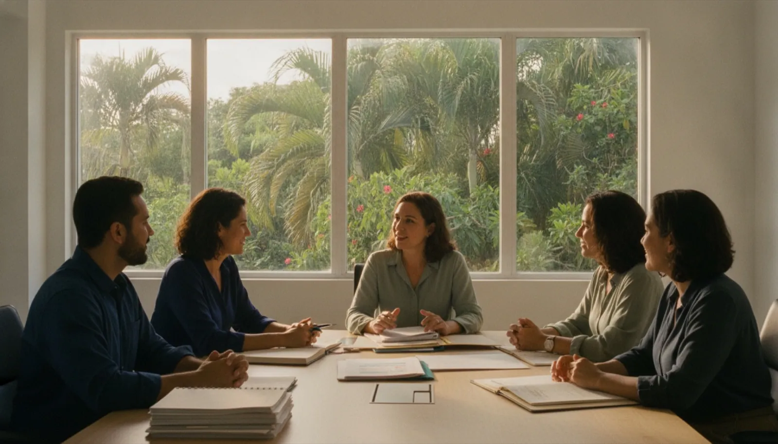 Program staff at a nonprofit in Puerto Rico reviewing printed grant reports around a conference table.