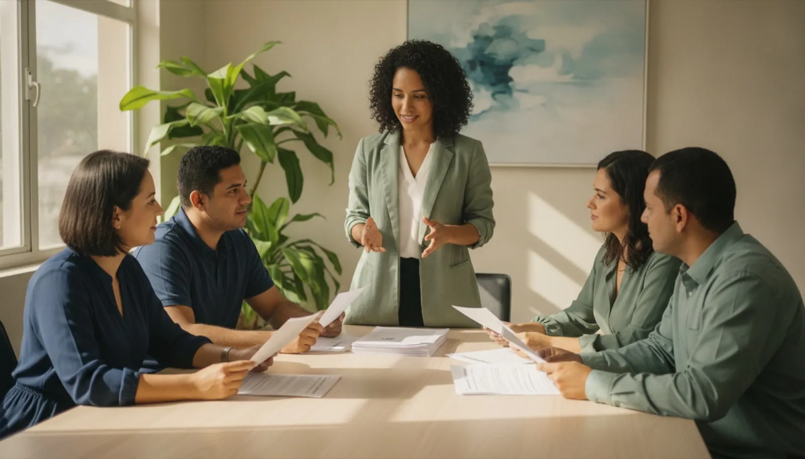 A Pecunia Group trainer walking nonprofit finance and program staff through printed time-and-effort handouts around a conference table.